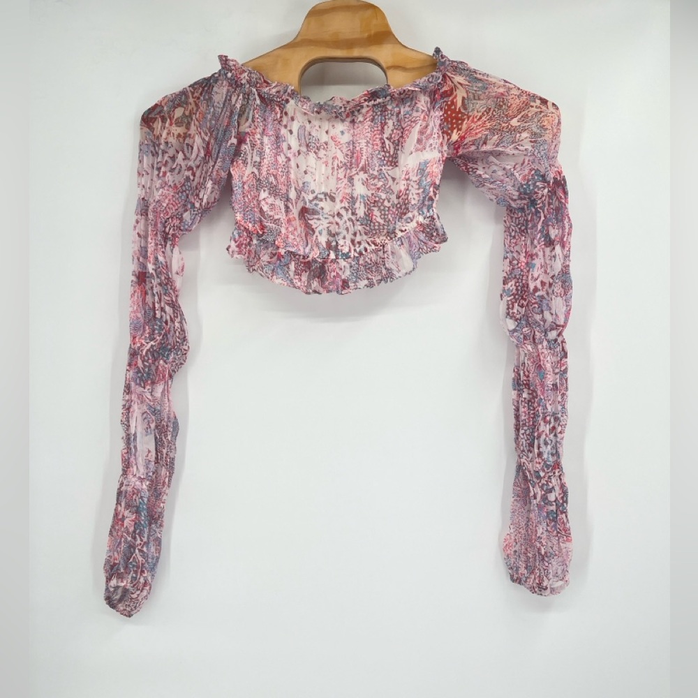 Rococo Sand Sheer Mesh Crop Top Pink Paisley Long Sleeve Women's M NWT